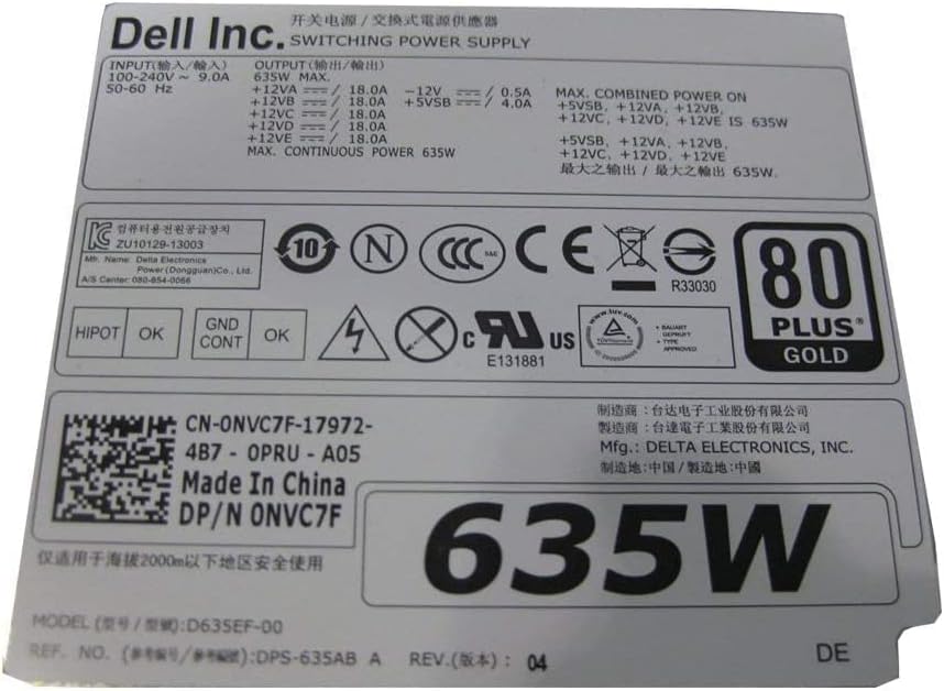 Dell PSU NVC7F Precision T5600 T3600 635W Power Supply Unit Delta D635EF-00 DPS-635AB (Renewed)|B086WMT2B6