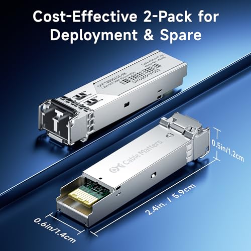 Cable Matters 2-Pack 1000BASE-SX SFP to LC Multimode 1G Fiber Transceiver Module, 1.25G, 800nm, MMP Fiber Up to 500m for Cisco, Ubiquiti, TP-Link, Huawei, MikroTik, Netgear, Supermicro, and More|B07TYSVP3R