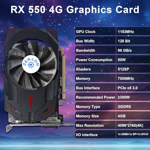 Radeon RX 550 4GB Graphics Card, GDDR5 128 Bit PCIE 3.0 Computer Gaming Gpu, 1183MHz Video Card with HDMI/DP/DVI Ports Support 4K|B0DZSFX1WP