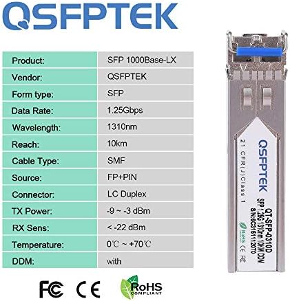 QSFPTEK Gigabit SFP Module,1000BASE-LX/LH 1310nm 10km DDM Single-Mode LC Mini-GBIC Transceiver for Cisco GLC-LH-SMD/GLC-LX-SM-RGD, Ubiquiti UF-SM-1G, Netgear, Mikrotik, Other Open Switches|B07QZV7DYK