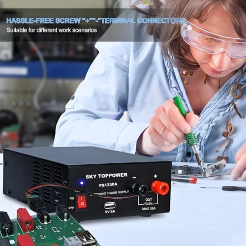 13.8V 30A DC Power Supply for Ham Radio,30 Amp Compact Regulated Bench Power Supply Lab Benchtop AC to DC Converter,Cooling Fan,5V 2A USB Interface,Powering Ham Radio, Amplifiers,SKY TOPPOWER PS1330A