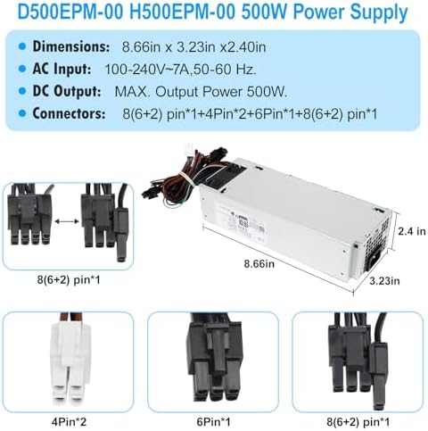 Upgraded D500EPM-00 H500EPM-00 500W Power Supply DPS-500EM-00 PSU Compatible with Dell Optiplex 3050MT 7080MT 7070MT 7060MT 5090 3681 MT G5-5090 5060 XPS 8940 MT 5K7J8 Y7R0X H500EPM-00 Power Supply