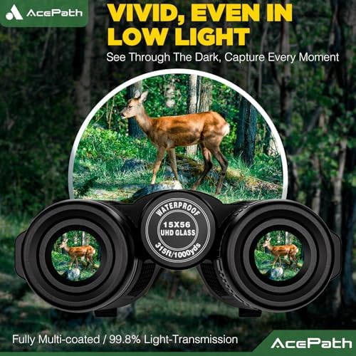 AcePath 15x56 Binoculars for Adults High Powered - Large View Waterproof Binoculars with Clear Low Light Vision - Compact Binocular Essentials for Hunting Camping Cruise Travel Bird Watching Sports