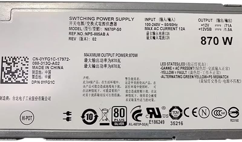 N870P-S0 A870P-00 0YFG1C 870W 12V 71A Original for R710 Server Power Supply NPS-885AB A YFG1C 7NVX8 07NVX8|B0DYNRQ4GG