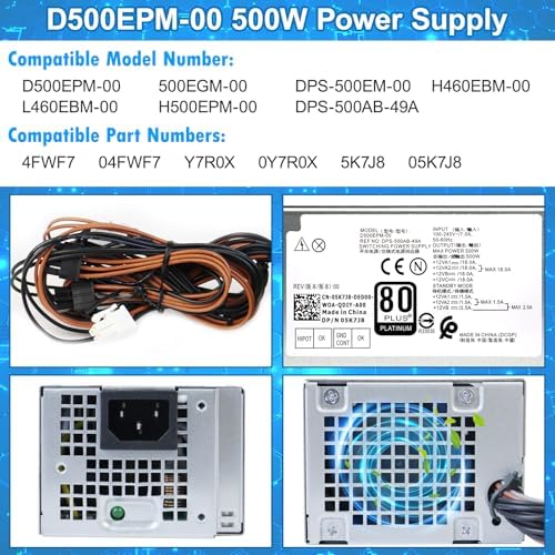 Upgraded D500EPM-00 H500EPM-00 500W Power Supply DPS-500EM-00 PSU Compatible with Dell Optiplex 3050MT 7080MT 7070MT 7060MT 5090 3681 MT G5-5090 5060 XPS 8940 MT 5K7J8 Y7R0X H500EPM-00 Power Supply