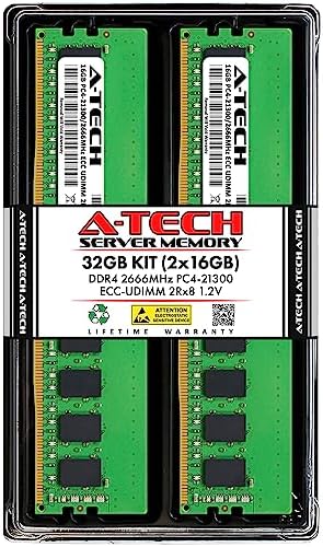 A-Tech Server 32GB Kit (2x16GB DDR4 2666MHz PC4-21300 ECC UDIMM 2Rx8 Dual Rank 1.2V ECC Unbuffered DIMM 288-Pin Server & Workstation RAM Memory Upgrade Modules (A-Tech Enterprise Series