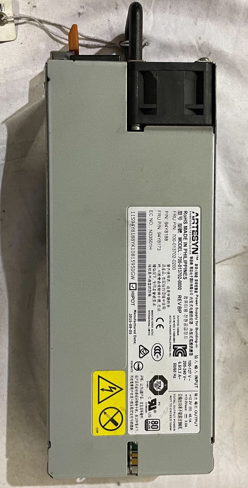 IBM 94Y8173 - 550W 80PLUS PSU Label Detail | Alo Tech Solutions