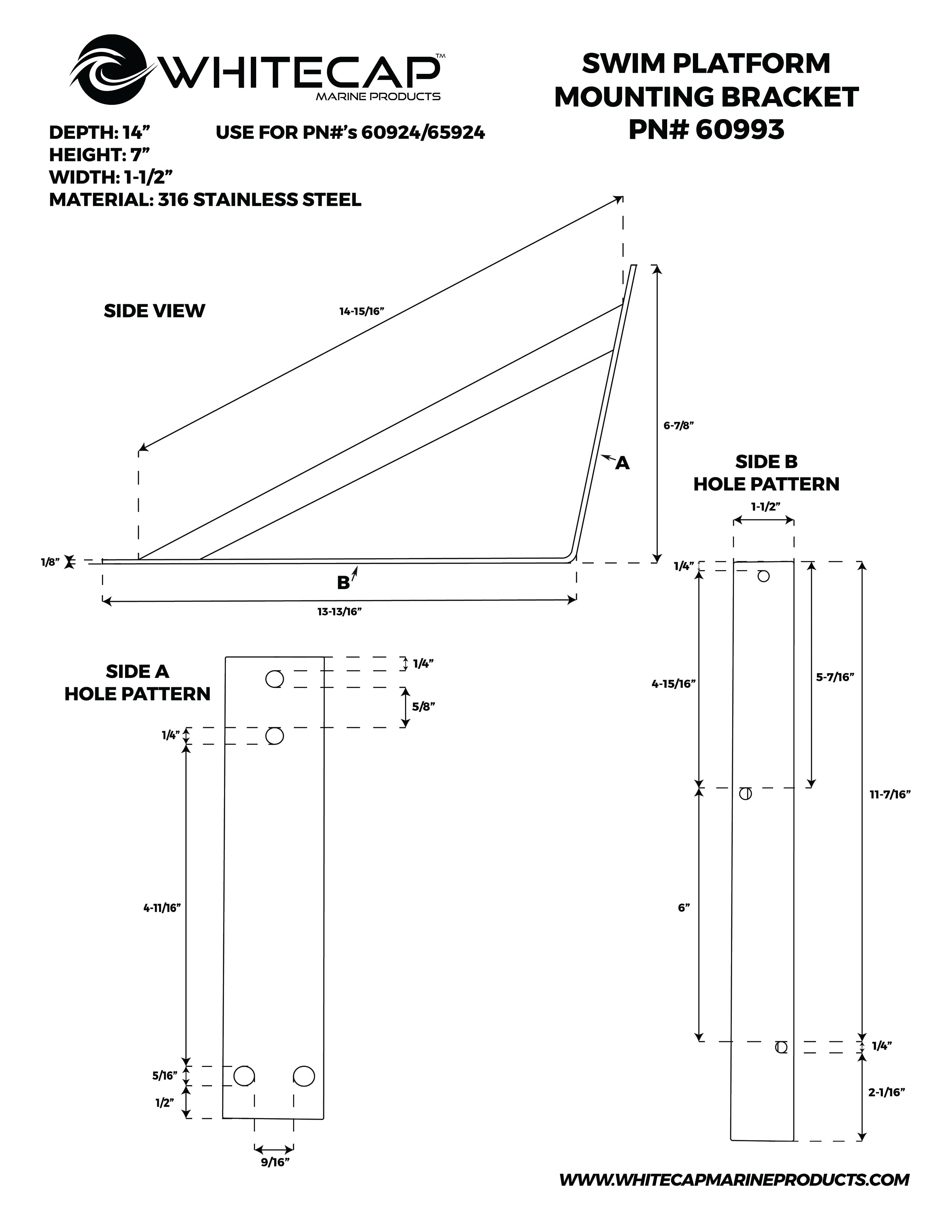 Whitecap 60997 14" Swim Platform Mounting Bracket