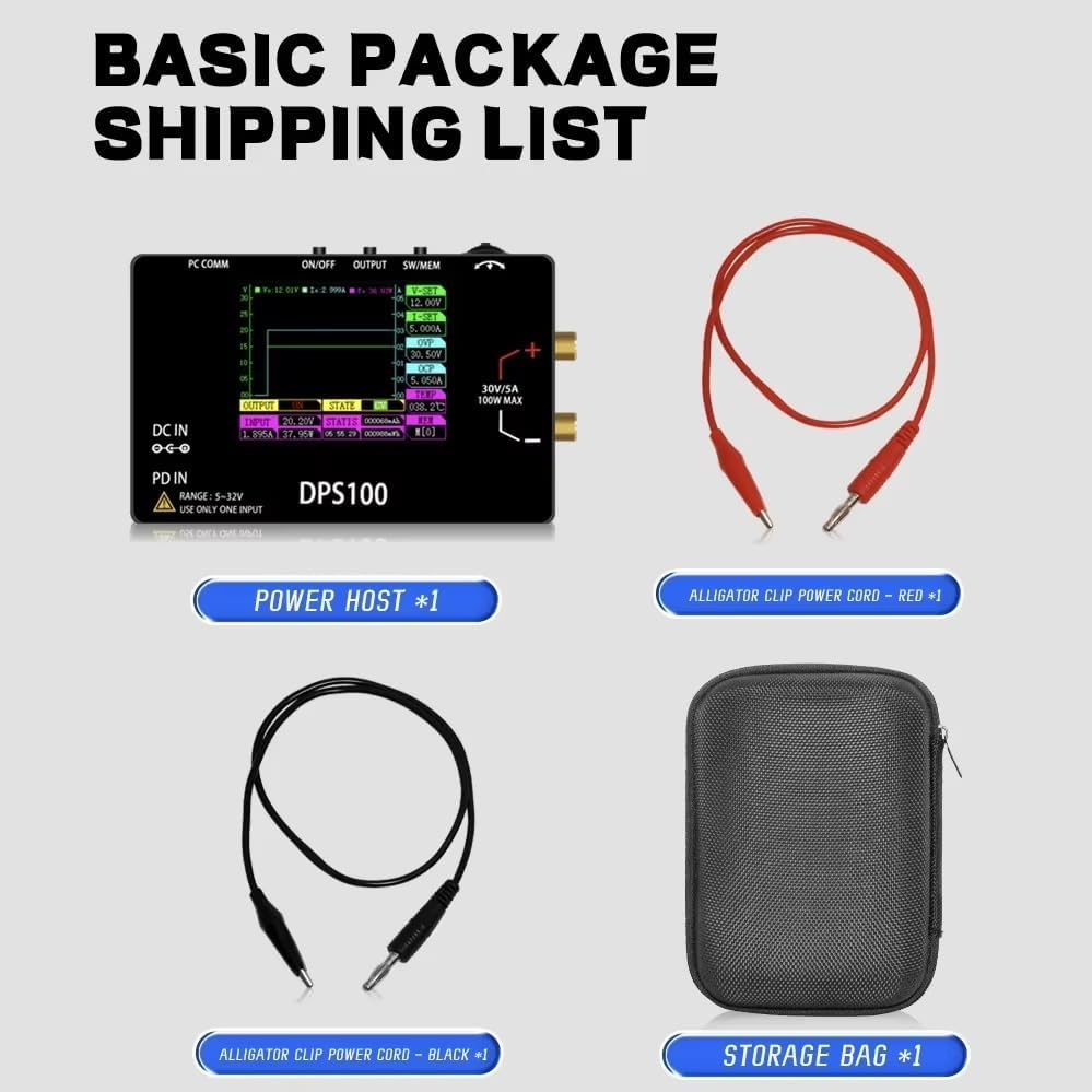 DPS100 Laboratory DC Power Supply, 30V 5A Adjustable, 100W max，with 2.4-inch IPS Display, <20mV Power Ripple, PD/QC/DC Input, Mini Portable Switching Power Supply (NO Power Adapter)|B0F25WQ89B