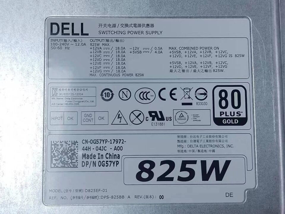 Original Fit for DELL T5600 825W T5610 Power Supply G57YP D825EF-01 H825EF-00