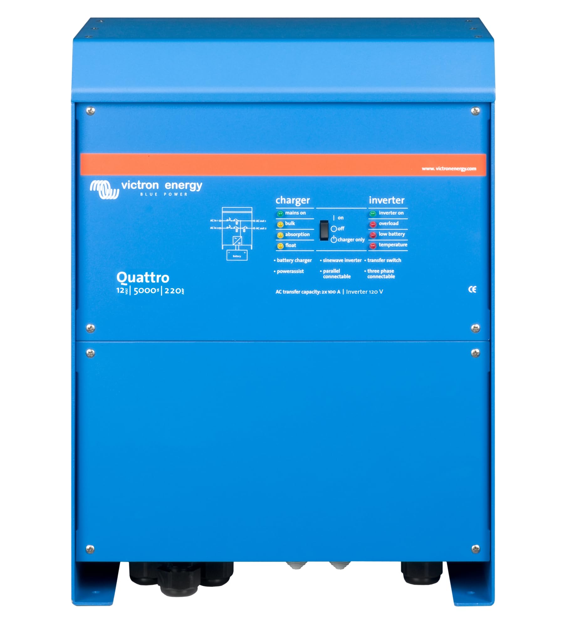 Victron Quattro Inverter/Charger 12 VDC - 5000W -Dual 100AMP 120VAC Inputs - Auto Transfer Switch - 200AMP Battery Charger - Stackable
