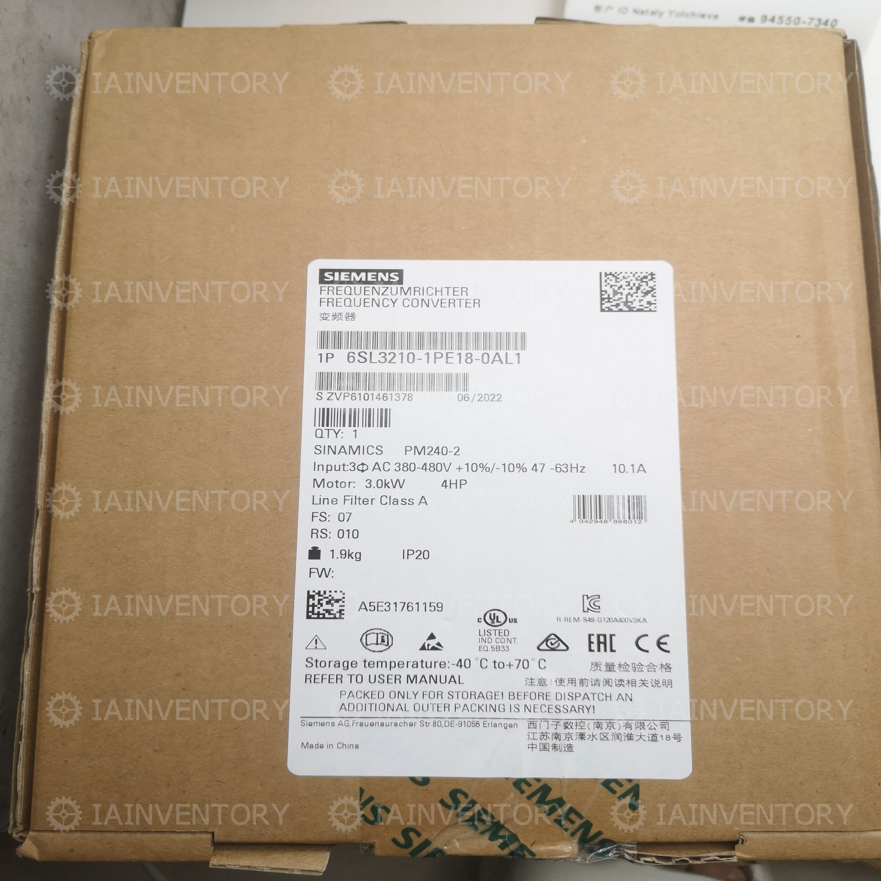 Siemens G120 PM240-2 6SL3210-1PE18-0AL1
