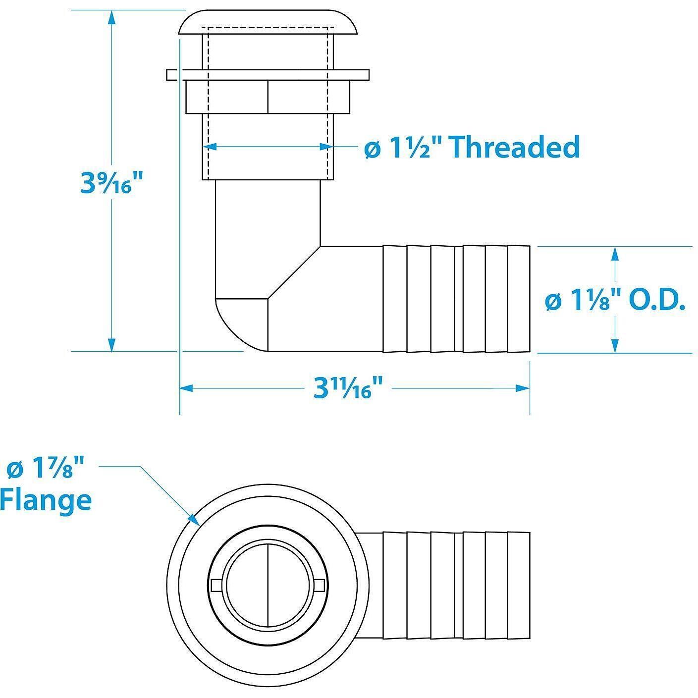 Seachoice 50-18141 90-Degree Thru-Hull Connector, Fits 1-1/8 In. ID Hose, 1-1/8 In. Max Hull