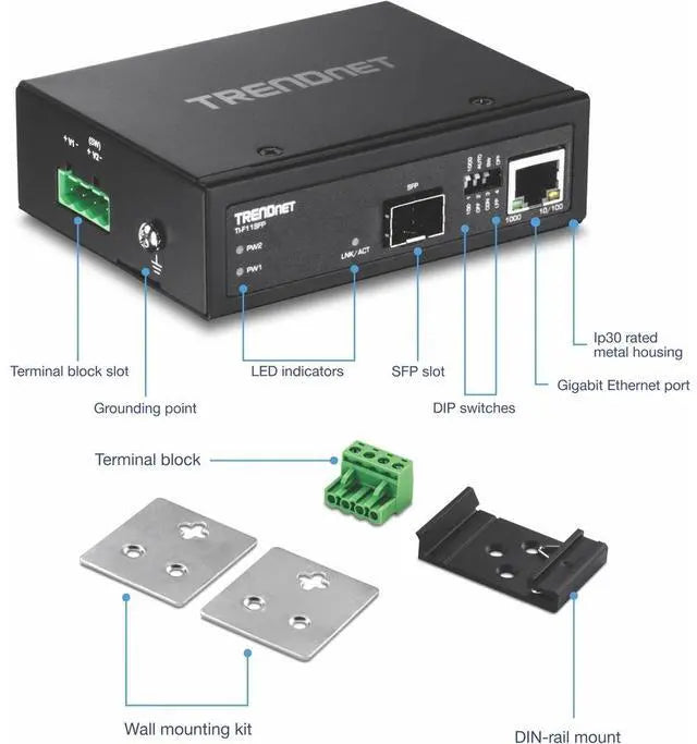 Alt view image 8 of 9 - TRENDnet Hardened Industrial 100/1000 Base-T To SFP Media Converter, DIN-Rail And Wall Mount Hardware Included, Multi Or Single Mode Fiber, Power Supply Sold Separately, Black, TI-F11SFP