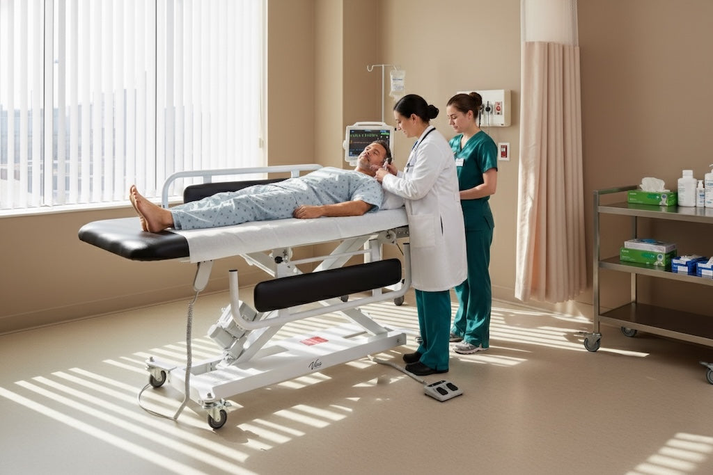 XRO Power Hi-Lo Exam Table, Open Base w/ Flat Top, Casters, Handrail & Antimicrobial Upholstery, ADA Compliant