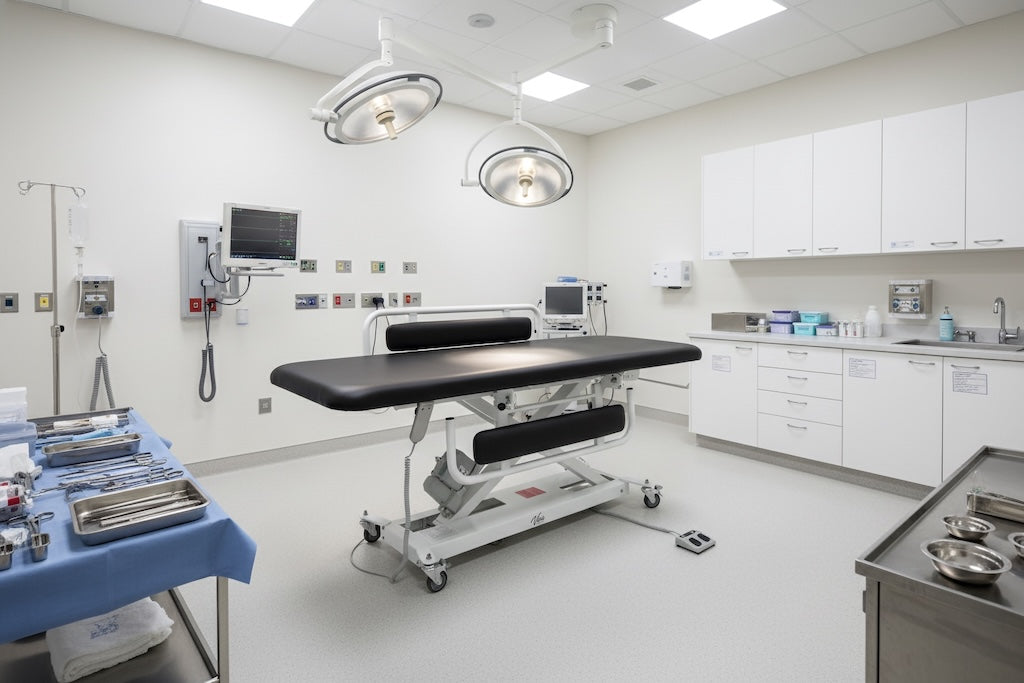 XRO Power Hi-Lo Exam Table, Open Base w/ Flat Top, Casters, Handrail & Antimicrobial Upholstery, ADA Compliant