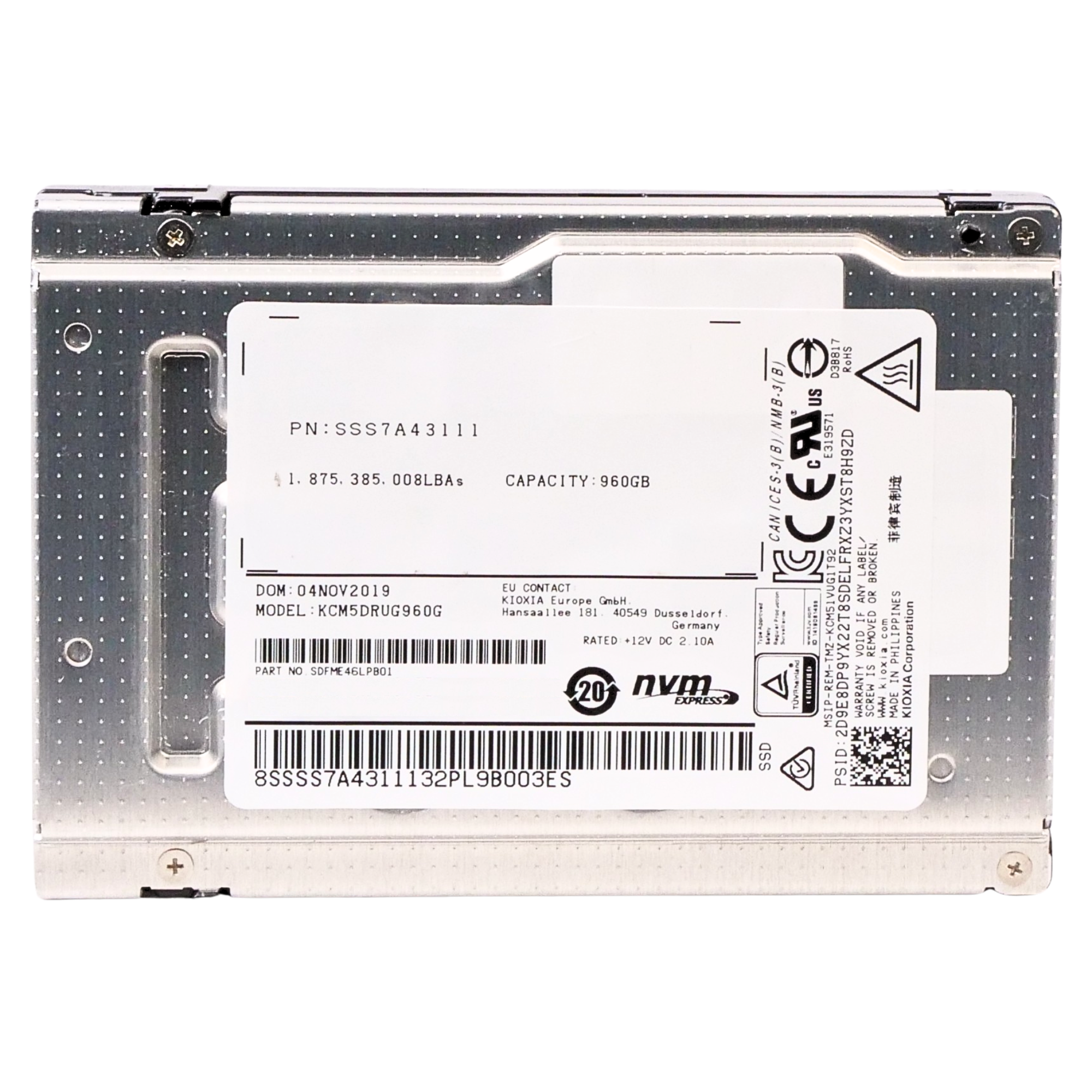 Kioxia CM5-R KCM5DRUG960G 960GB 1 DWPD PCIe Gen 3.0 x4 4GB/s 3D TLC U.2 NVMe 2.5in Recertified SSD