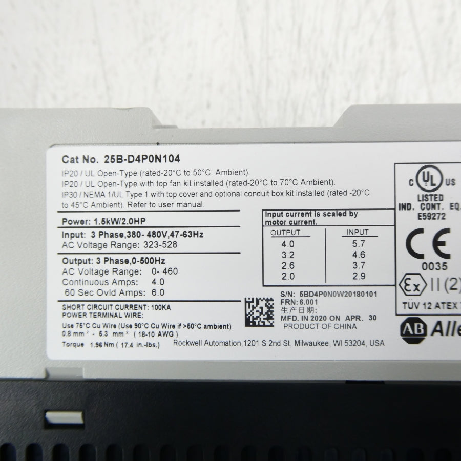 ALLEN BRADLEY 25B-D4P0N104 SER. A F/W 6.001 323-528V 5.7A (AS PICTURED) NSMP