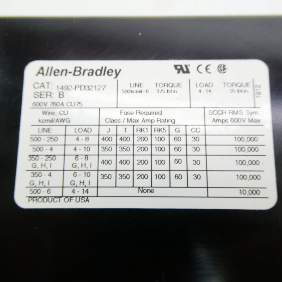 ALLEN BRADLEY 1492-PD32127 SER. B 600V 760A NSNP