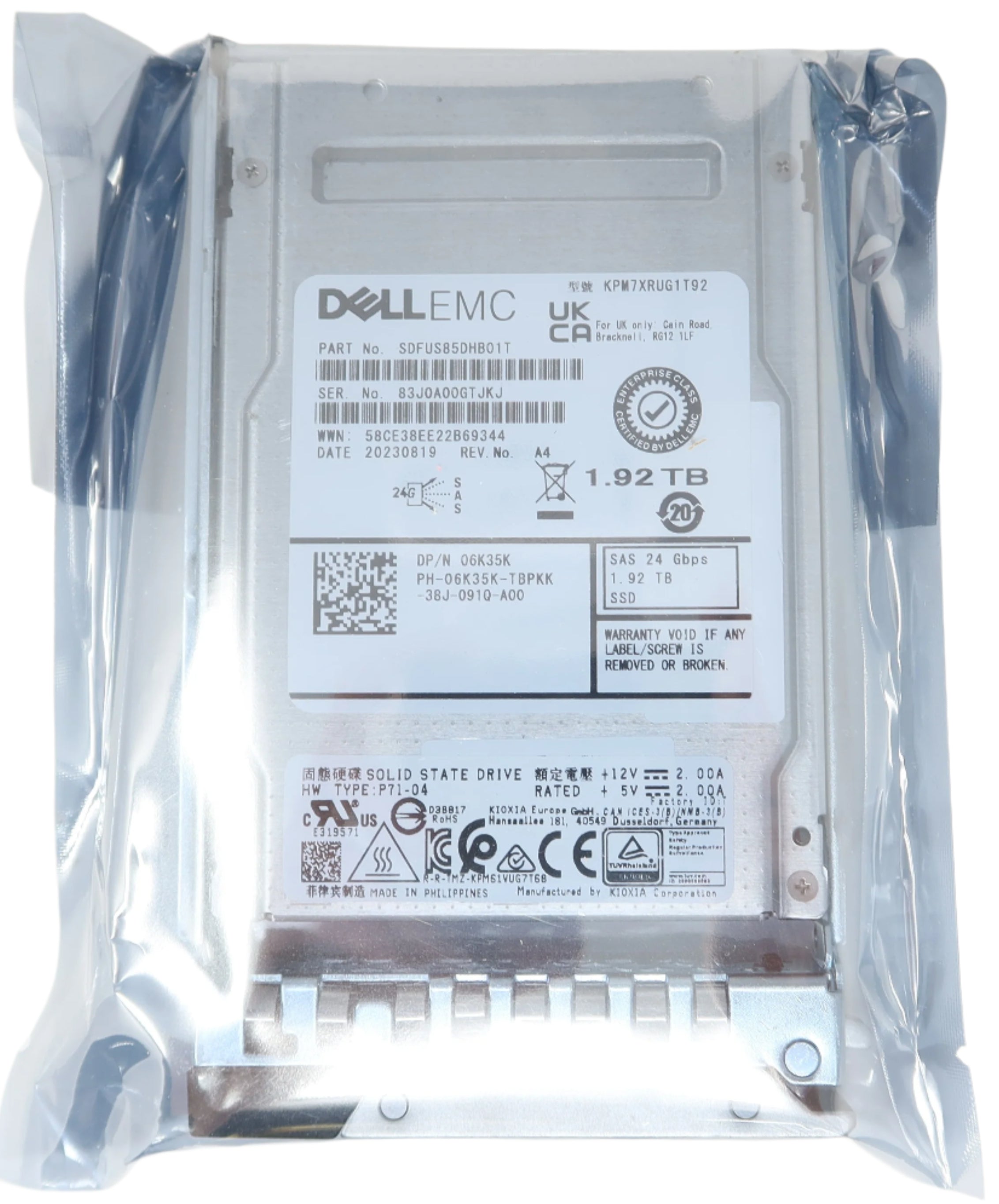 KPM7XRUG1T92 Dell Kioxia PM7-R 1.92TB SAS 24Gb/s SIE 2.5" SSD 06K35K 6K35K