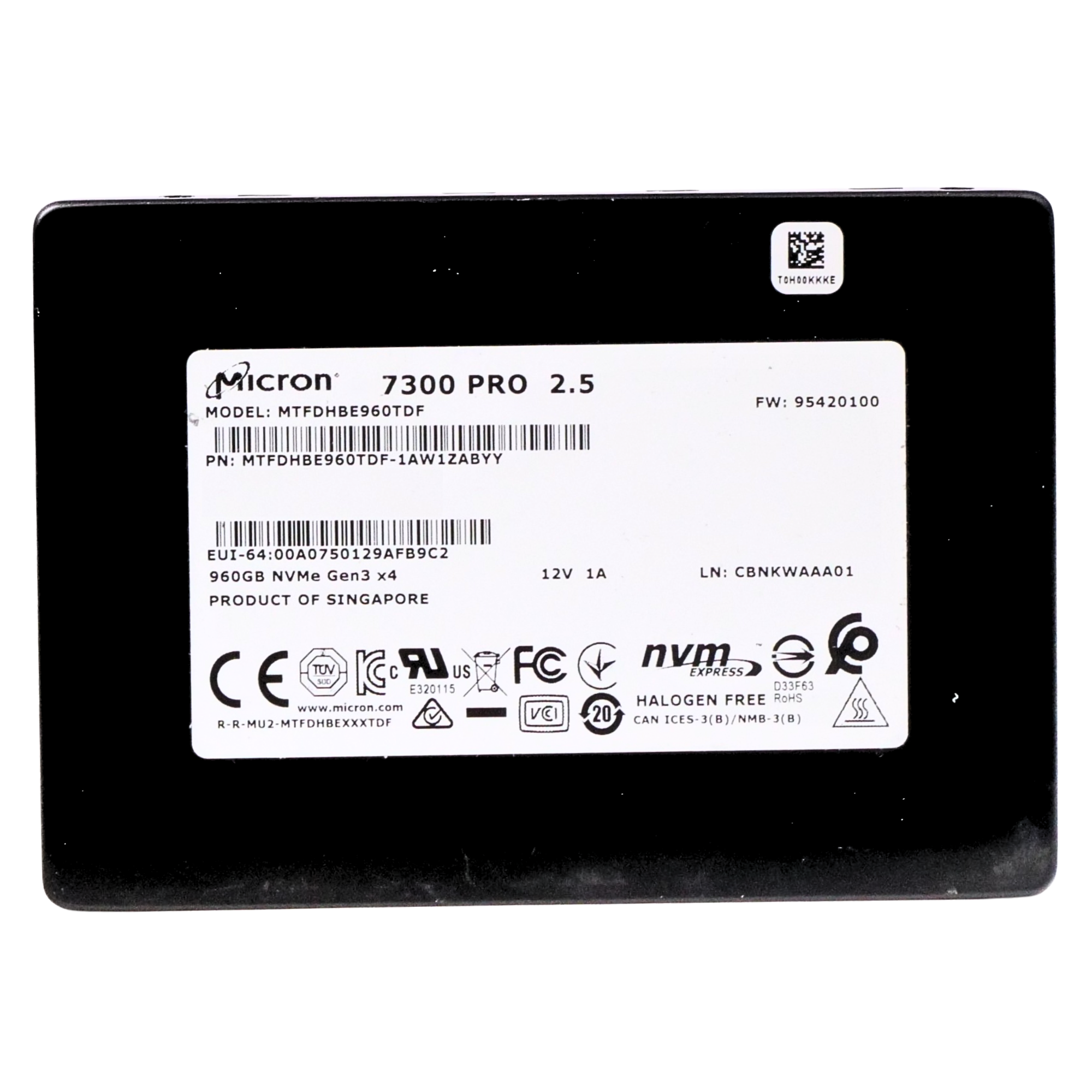 Micron 7300 PRO MTFDHBE960TDF 960GB 1 DWPD PCIe Gen 3.0 x4 4GB/s 3D TLC U.2 NVMe 2.5in Recertified SSD