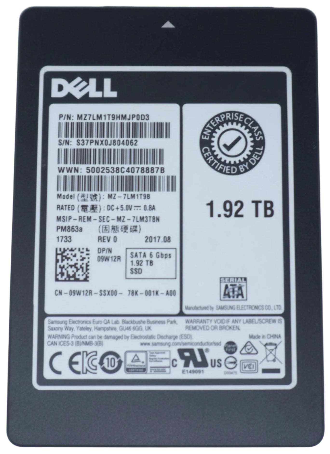 9W12R Dell 1.92TB SATA 6G Enterprise 2.5" SSD MZ-7LM1T9B 09W12R