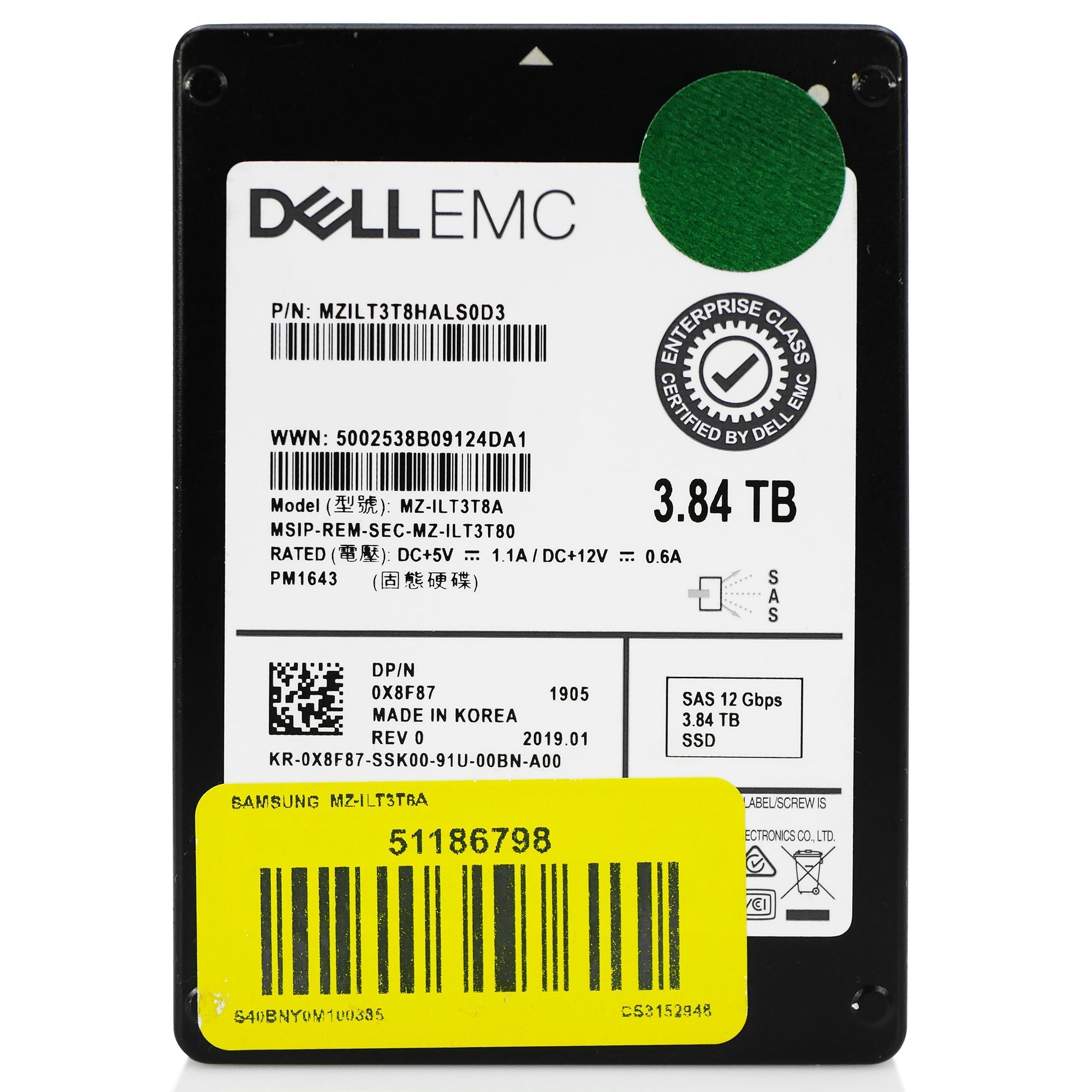 Dell/Samsung PM1643 MZILT3T8HALS0D3 0X8F87 3.84TB 1 DWPD SAS 12Gb/s 3D TLC 2.5in Refurbished SSD