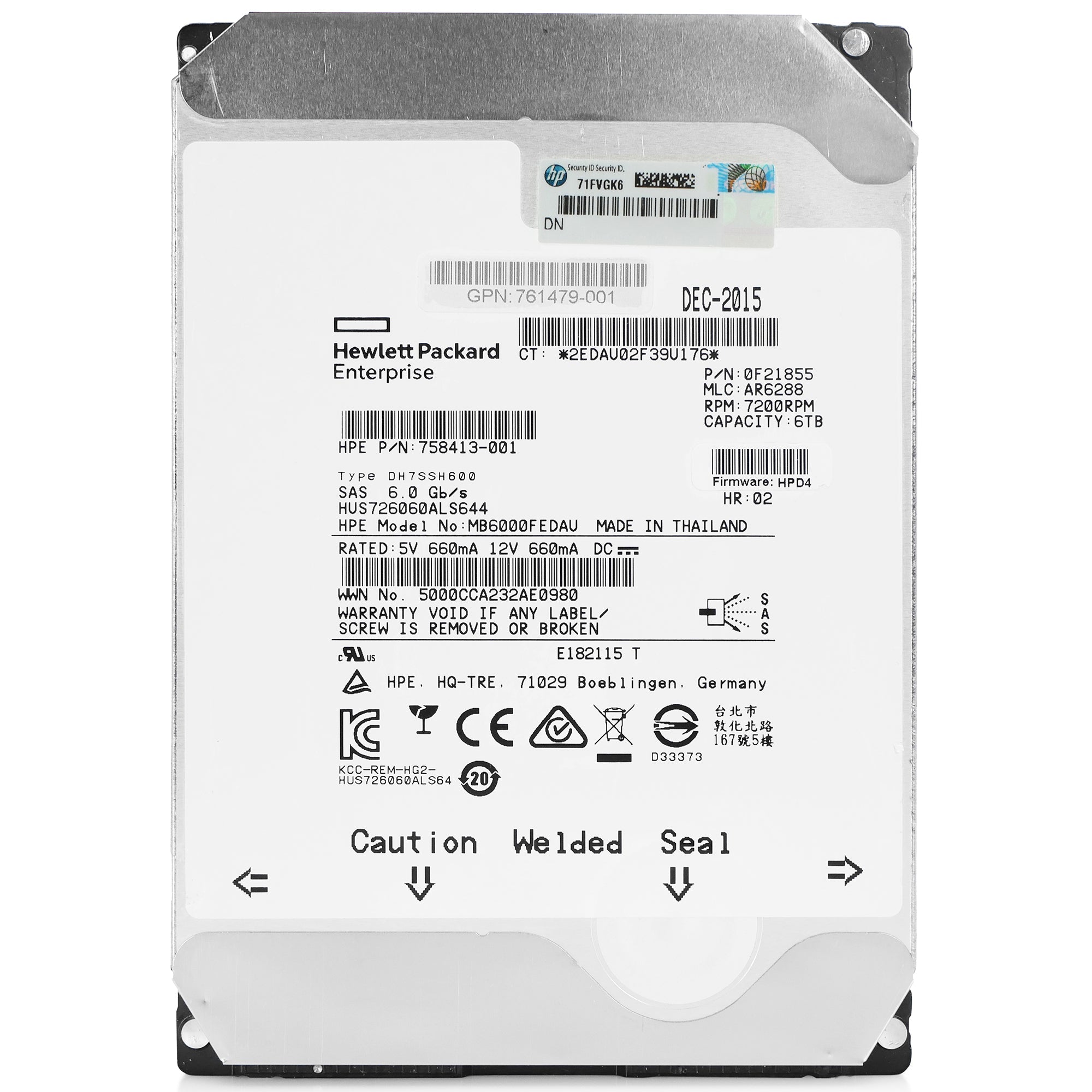 HP Gen8 HUS726060ALS644 0F21855 6TB 7.2K RPM SAS 6Gb/s 512n 3.5in Refurbished HDD