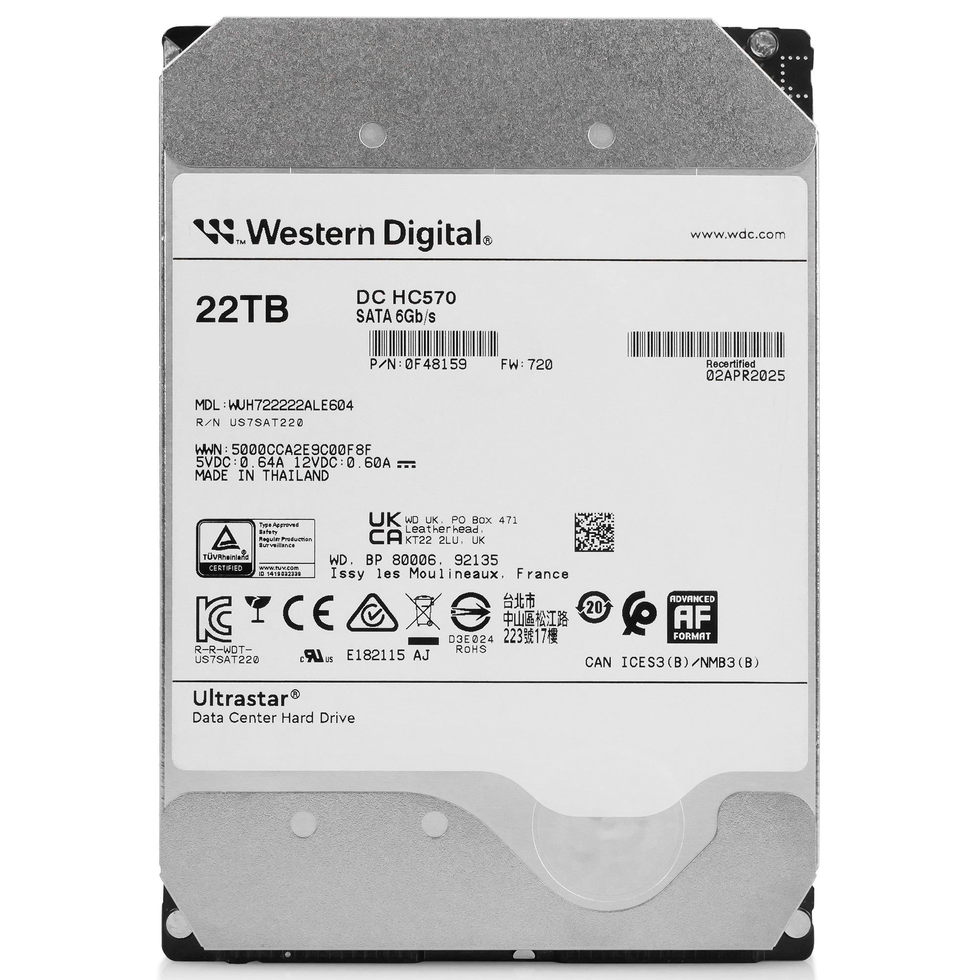 Western Digital Ultrastar DC HC570 WUH722222ALE604 0F48159 22TB 7.2K RPM SATA 6Gb/s 512e 3.5in Refurbished HDD