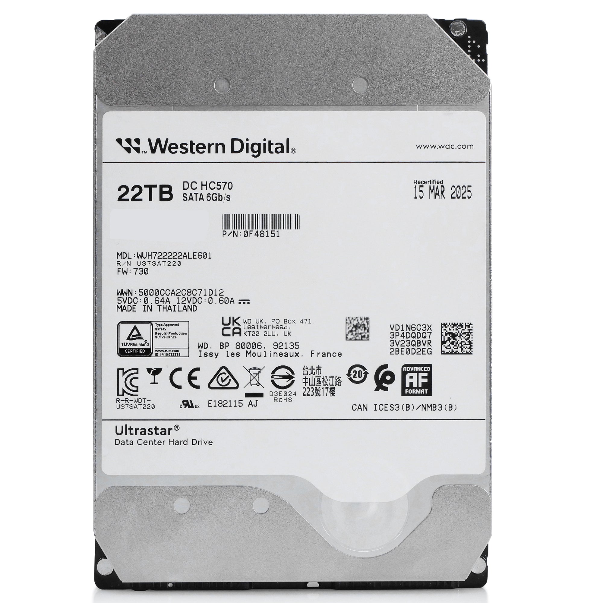 Western Digital Ultrastar DC HC570 WUH722222ALE601 0F48151 22TB 7.2K RPM SATA 6Gb/s 512e 3.5in Hard Drive