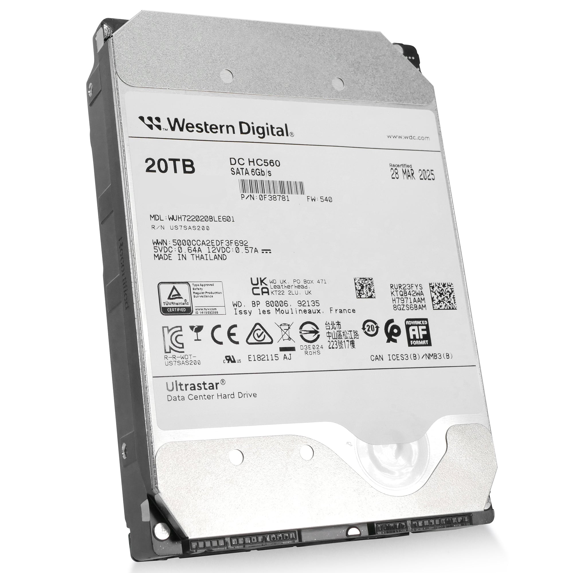 Western Digital Ultrastar DC HC560 WUH722020BLE601 0F38781 20TB 7.2K RPM SATA 6Gb/s 512e 3.5in Hard Drive