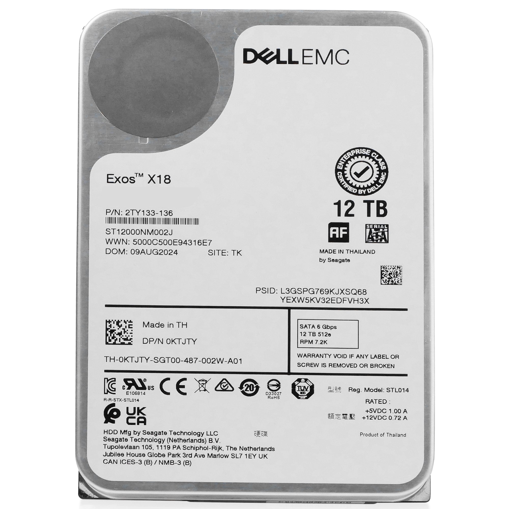 Dell/Seagate Exos X18 ST12000NM002J 12TB 7.2K RPM SATA 6Gb/s 512e 3.5in Refurbished HDD