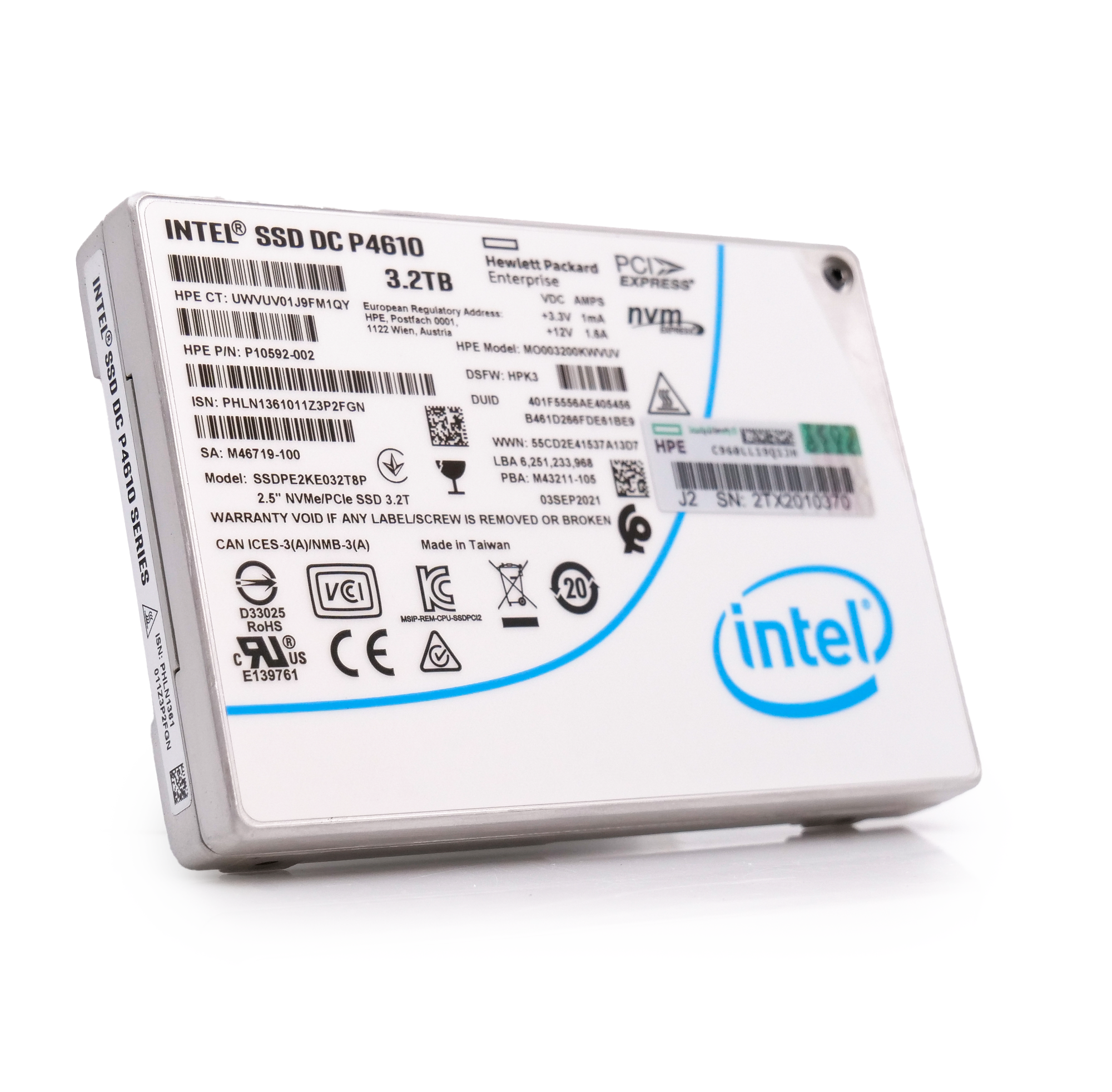 Intel SSDPE2KE032T8P 3.2TB 3 DWPD PCIe Gen 3.1x4 NVMe 4GB/s Mixed Use 3D TLC 2.5in Enterprise Solid State Drive
