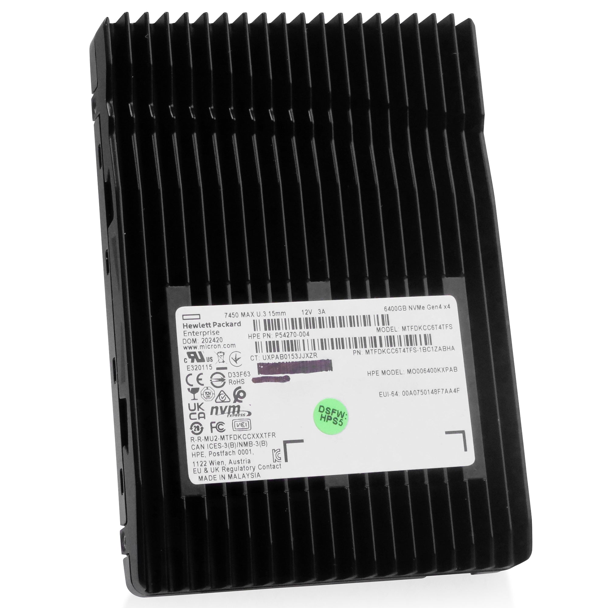 HP/Micron 7450 MAX MTFDKCC6T4TFS 6.4TB 3 DWPD PCIe Gen 4.0 x4 8GB/s 3D TLC U.3 NVMe 2.5in Solid State Drive