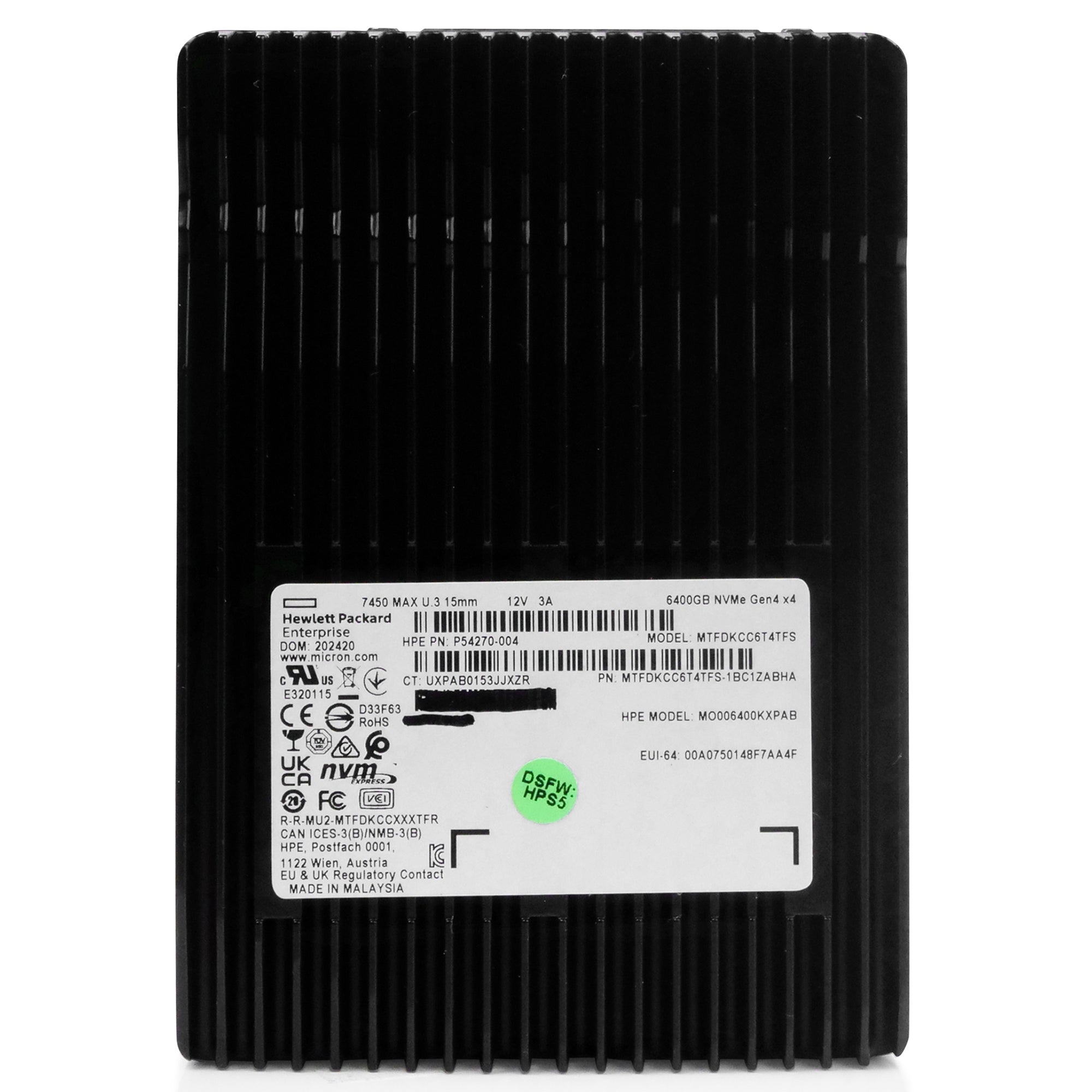 HP/Micron 7450 MAX MTFDKCC6T4TFS 6.4TB 3 DWPD PCIe Gen 4.0 x4 8GB/s 3D TLC U.3 NVMe 2.5in Solid State Drive