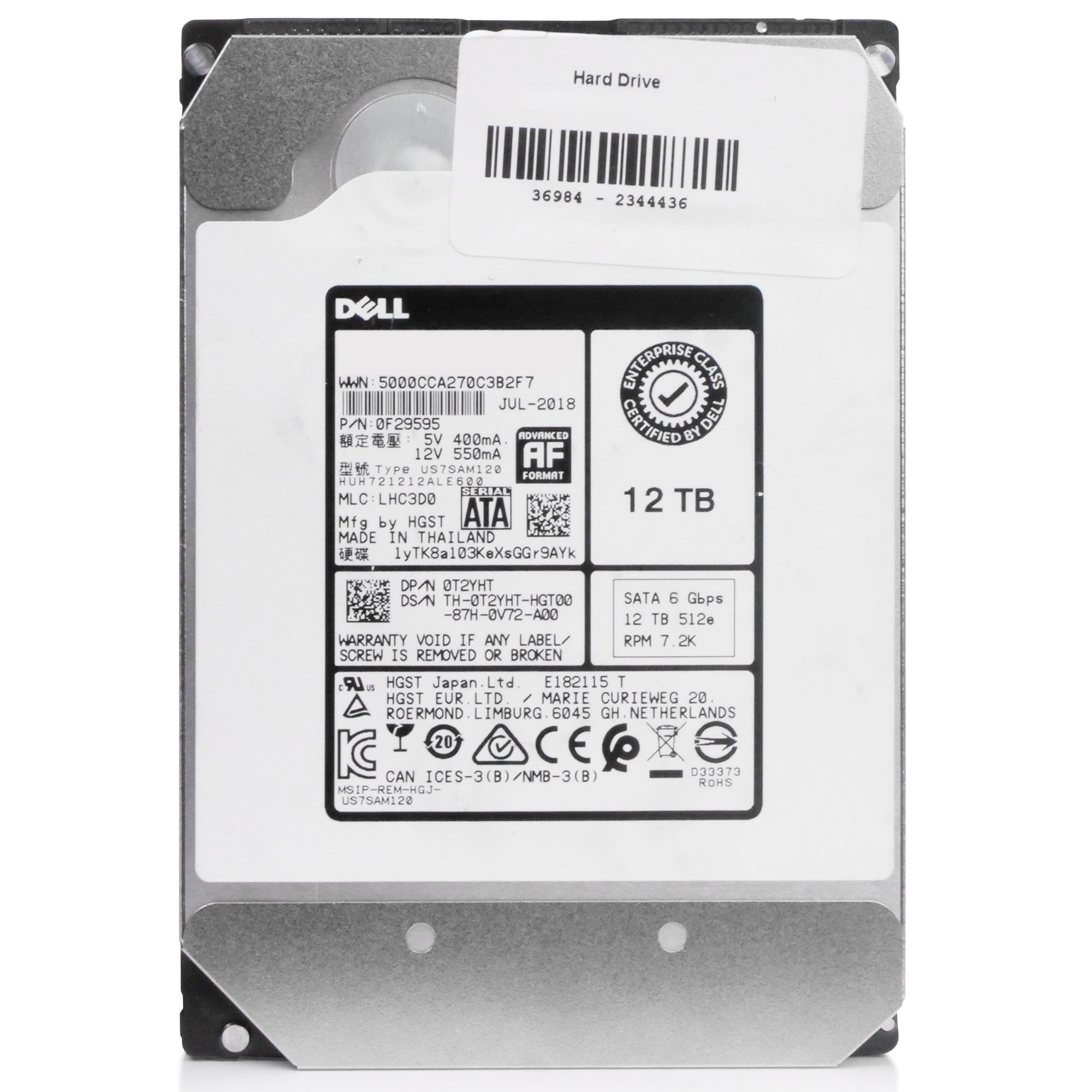 Dell/Western Digital Ultrastar DC HC520 HUH721212ALE600 0F29595 12TB 7.2K RPM SATA 6Gb/s 512e 3.5in Refurbished HDD