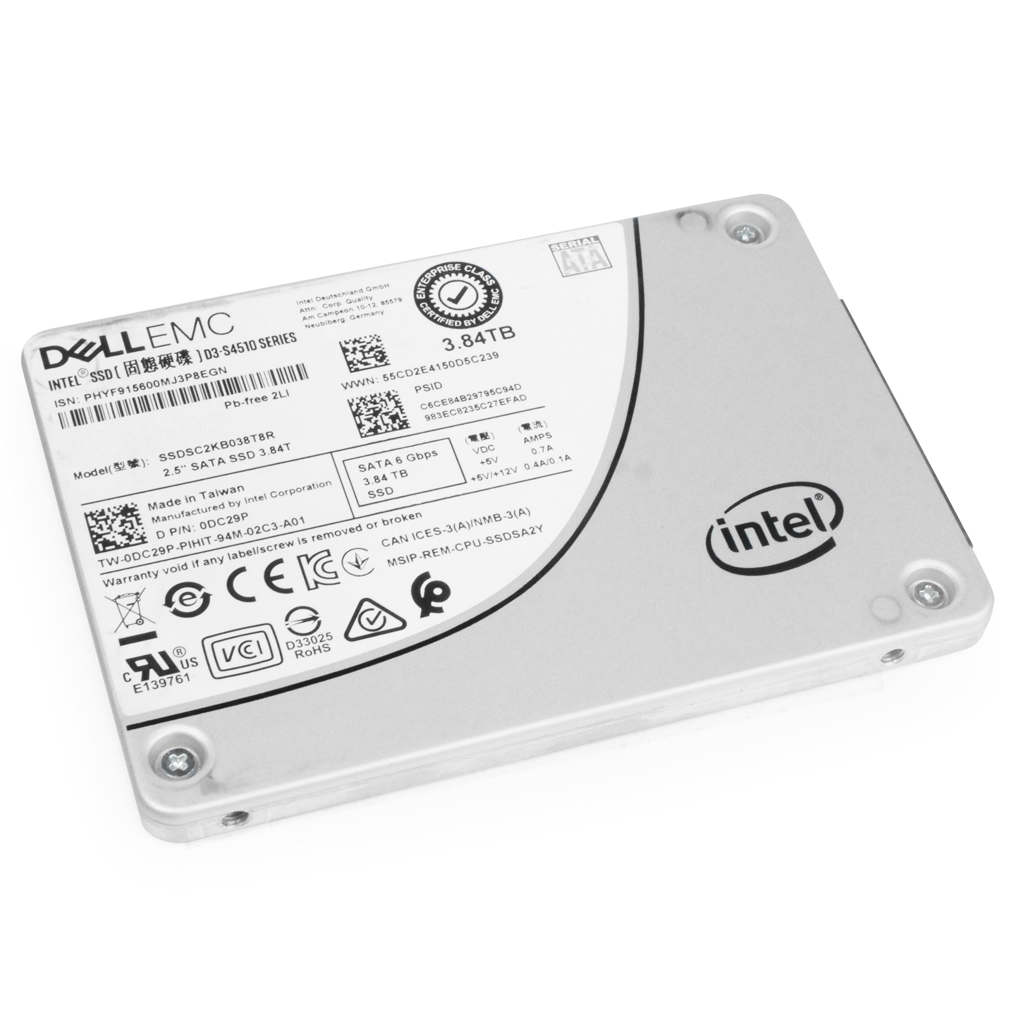 Dell/Intel D3-S4510 SSDSC2KB038T8R 3.84TB SATA 6Gb/s 3D TLC 2.5in Refurbished SSD