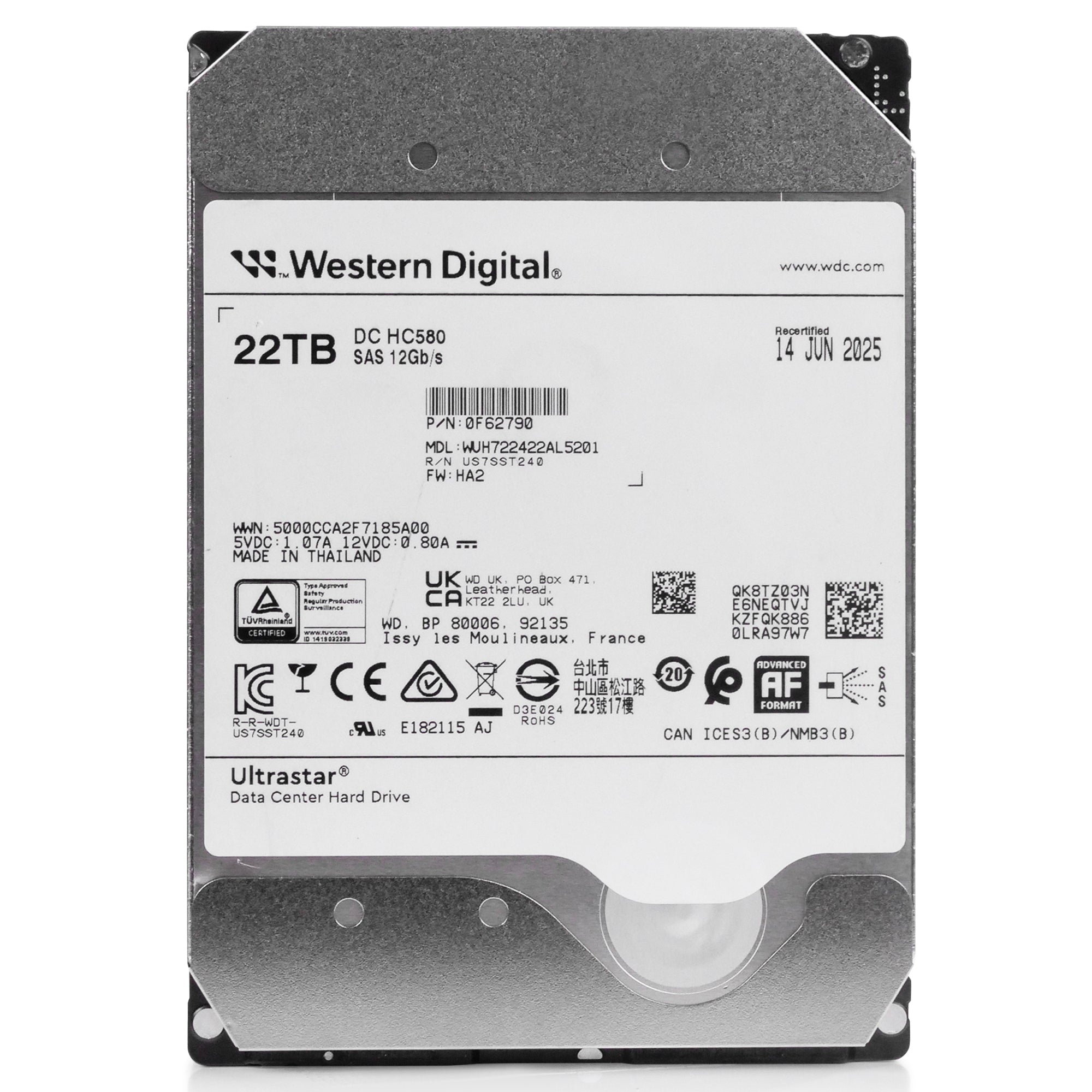 Western Digital Ultrastar DC HC580 WUH722422AL5201 0F62790 22TB 7.2K RPM SAS 12Gb/s 512e 3.5in Recertified Hard Drive