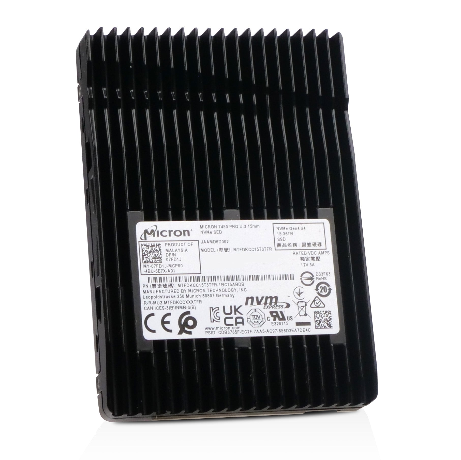 Dell/Micron 7450 PRO MTFDKCC15T3TFR 15.36TB 1 DWPD PCIe Gen 4.0 x4 8GB/s 3D TLC U.3 NVMe 2.5in SSD