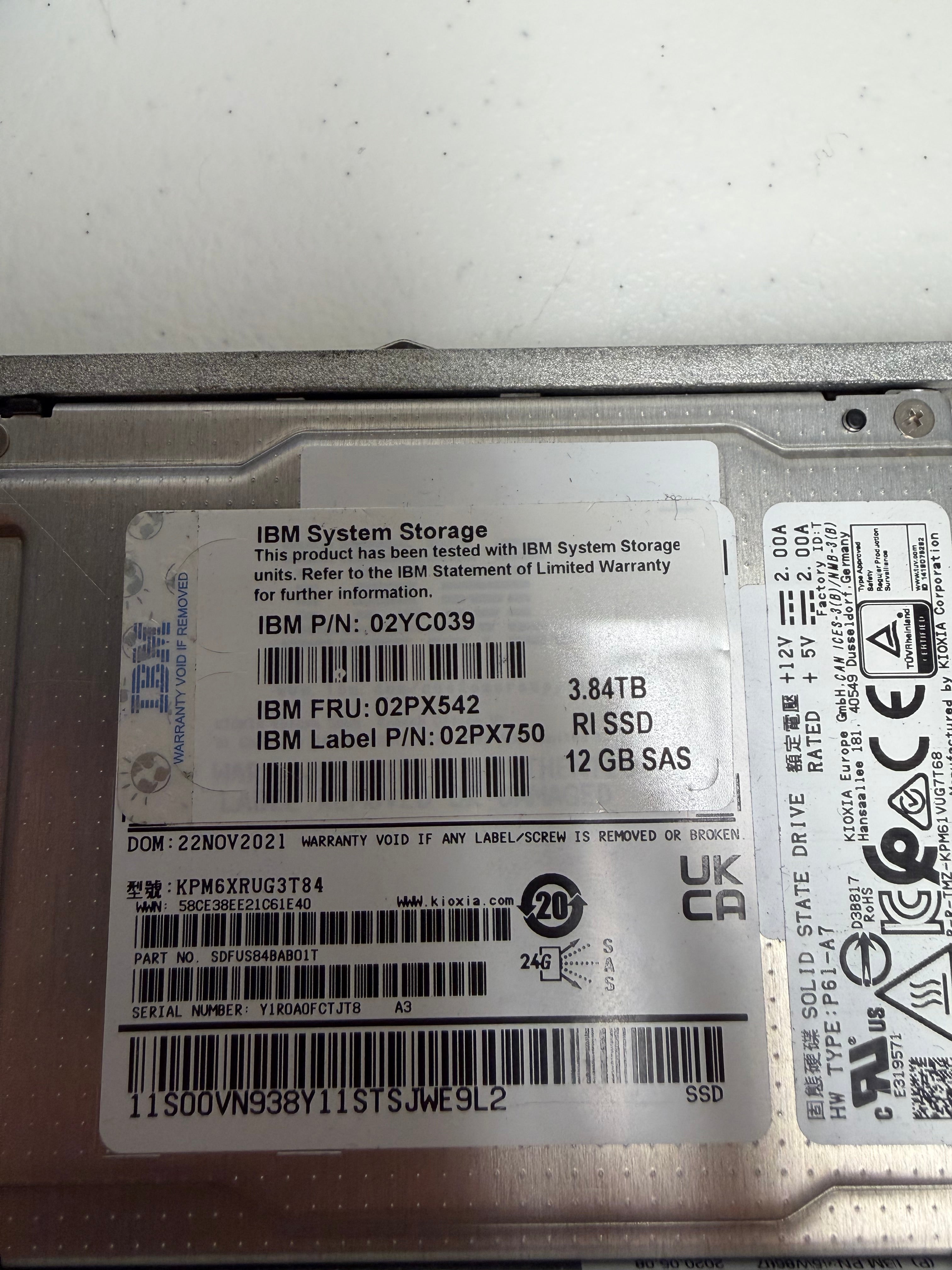 02YC039 02PX542 02PX750 IBM 3.84TB 12Gb 2.5" SAS Hard Drive with Tray