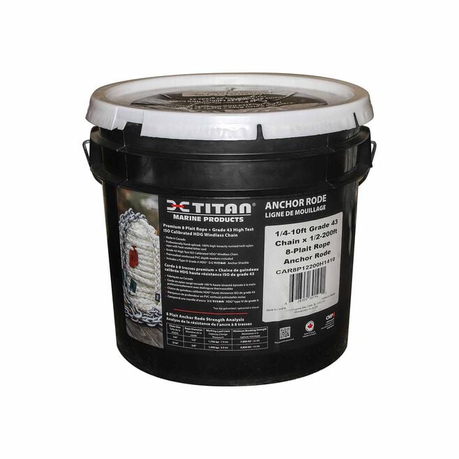Titan Chain CAR8P12150H1415 Eight Strand Anchor Rode, 1/2" x 150' Line, 1/4" x 15' Chain