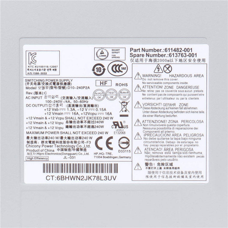 HP Elite 8000 8100 8200 SFF Pro 6000 6005 6200, 240W Power Supply, PN: 611482-001 613763-001 611481-001 613762-001 508151-001 503375-001 - Model Numbers: D10-240P1A DPS-240RB DPS-240TB HP-D2402A (OEM Package)