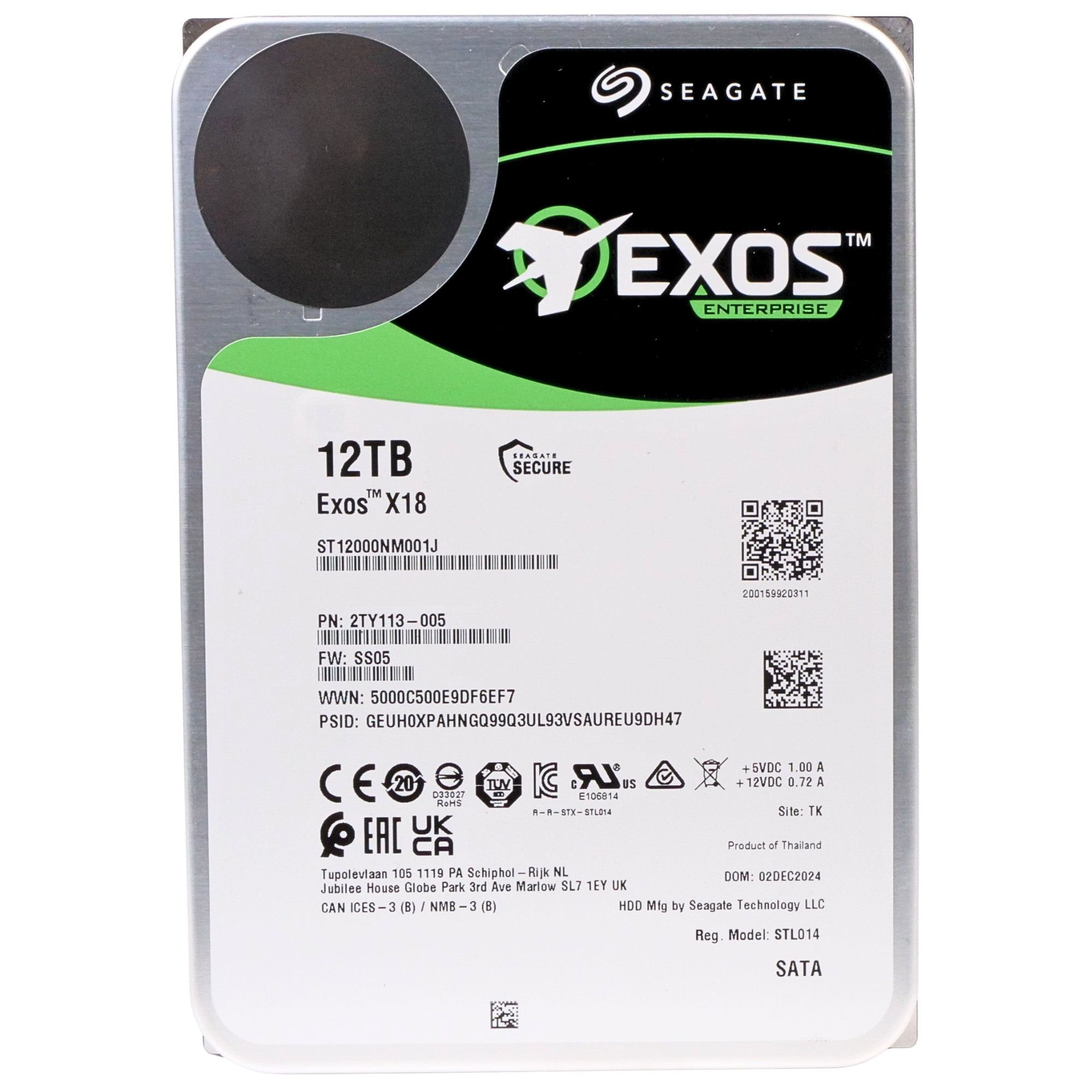 Seagate Exos X18 ST12000NM001J 12TB 7.2K RPM SATA 6Gb/s 512e 256MB 3.5in HDD