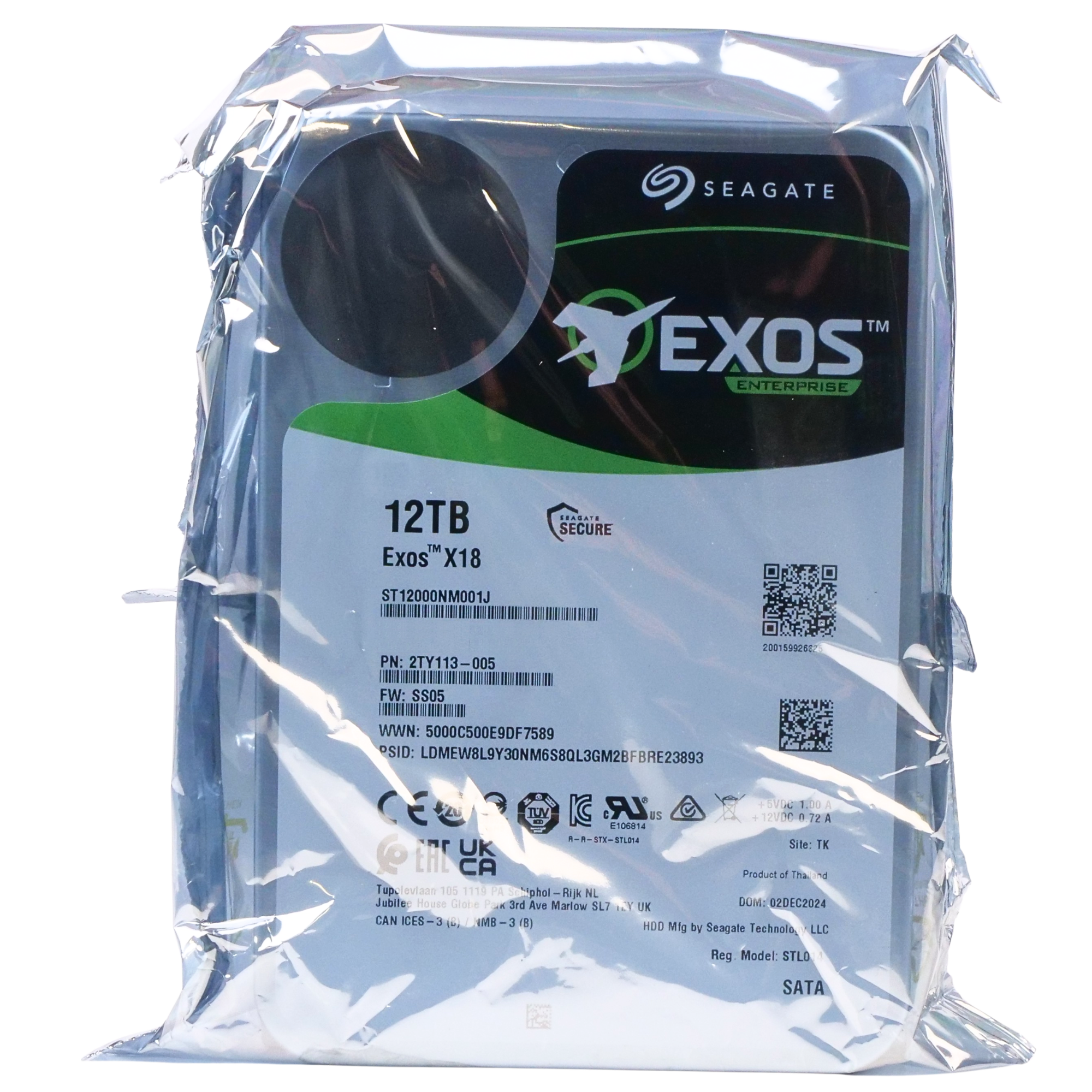 Seagate Exos X18 ST12000NM001J 12TB 7.2K RPM SATA 6Gb/s 512e 256MB 3.5in HDD
