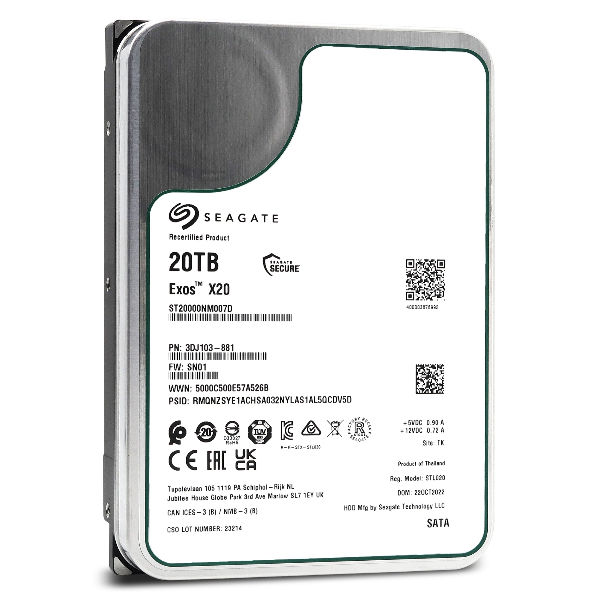 Seagate Exos X20 ST20000NM007D 20TB 7.2K RPM SATA 6Gb/s 3.5in Recertified Hard Drive