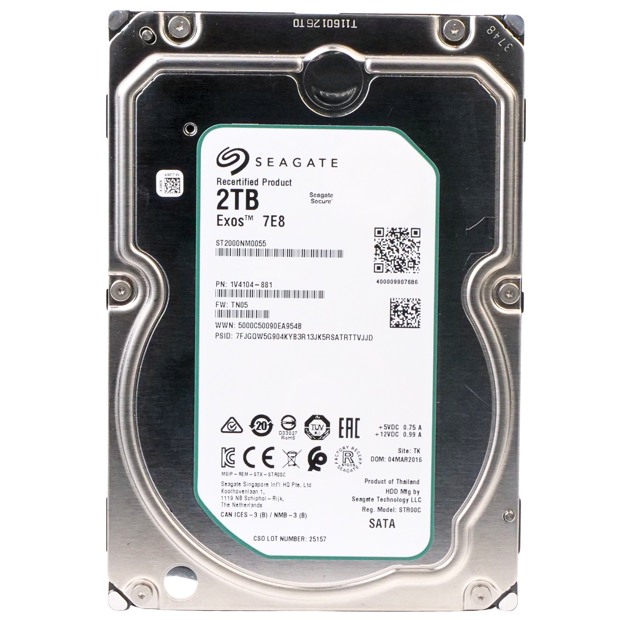 Seagate Exos 7E8 ST2000NM0055 2TB 7.2K RPM SATA 6Gb/s 512n 128MB 3.5in Refurbished HDD