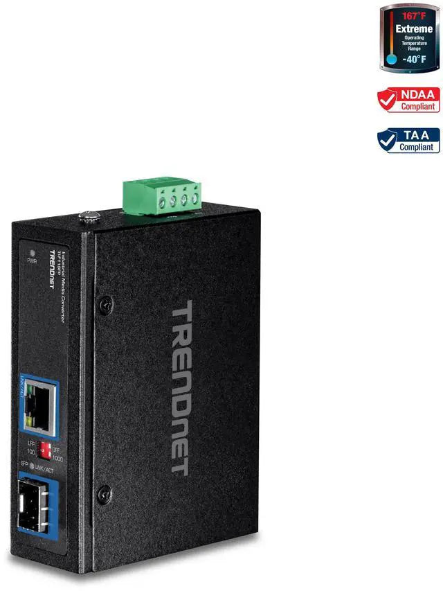 Main image of TRENDnet Hardened Industrial 100/1000 Base-T To SFP Media Converter, DIN-Rail And Wall Mount Hardware Included, Multi Or Single Mode Fiber, Power Supply Sold Separately, Black, TI-F11SFP