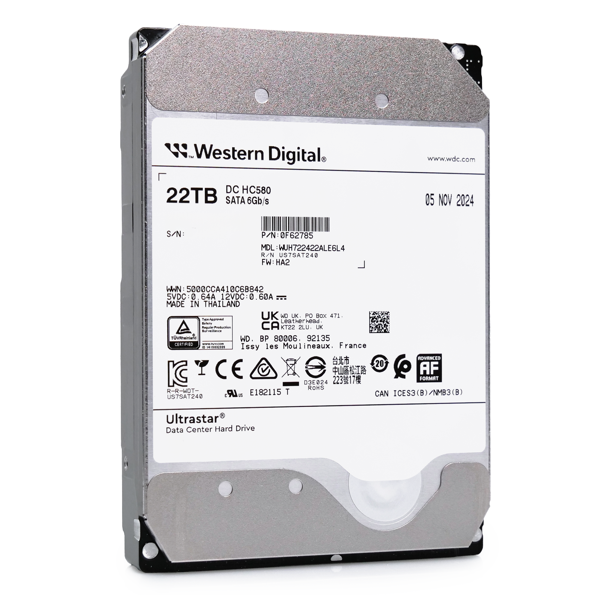 Western Digital Ultrastar DC HC580 WUH722422ALE6L4 0F62785 22TB 7.2K RPM SATA 6Gb/s 512e 3.5in Hard Drive
