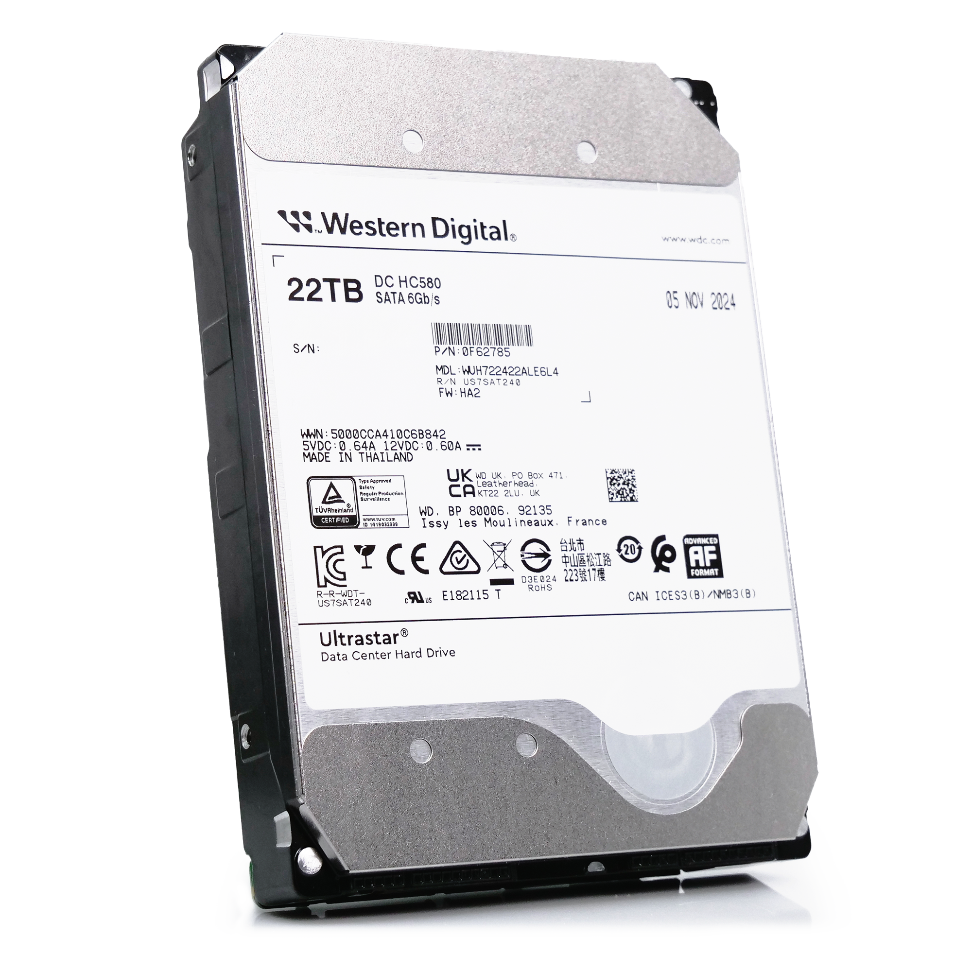 Western Digital Ultrastar DC HC580 WUH722422ALE6L4 0F62785 22TB 7.2K RPM SATA 6Gb/s 512e 3.5in Hard Drive