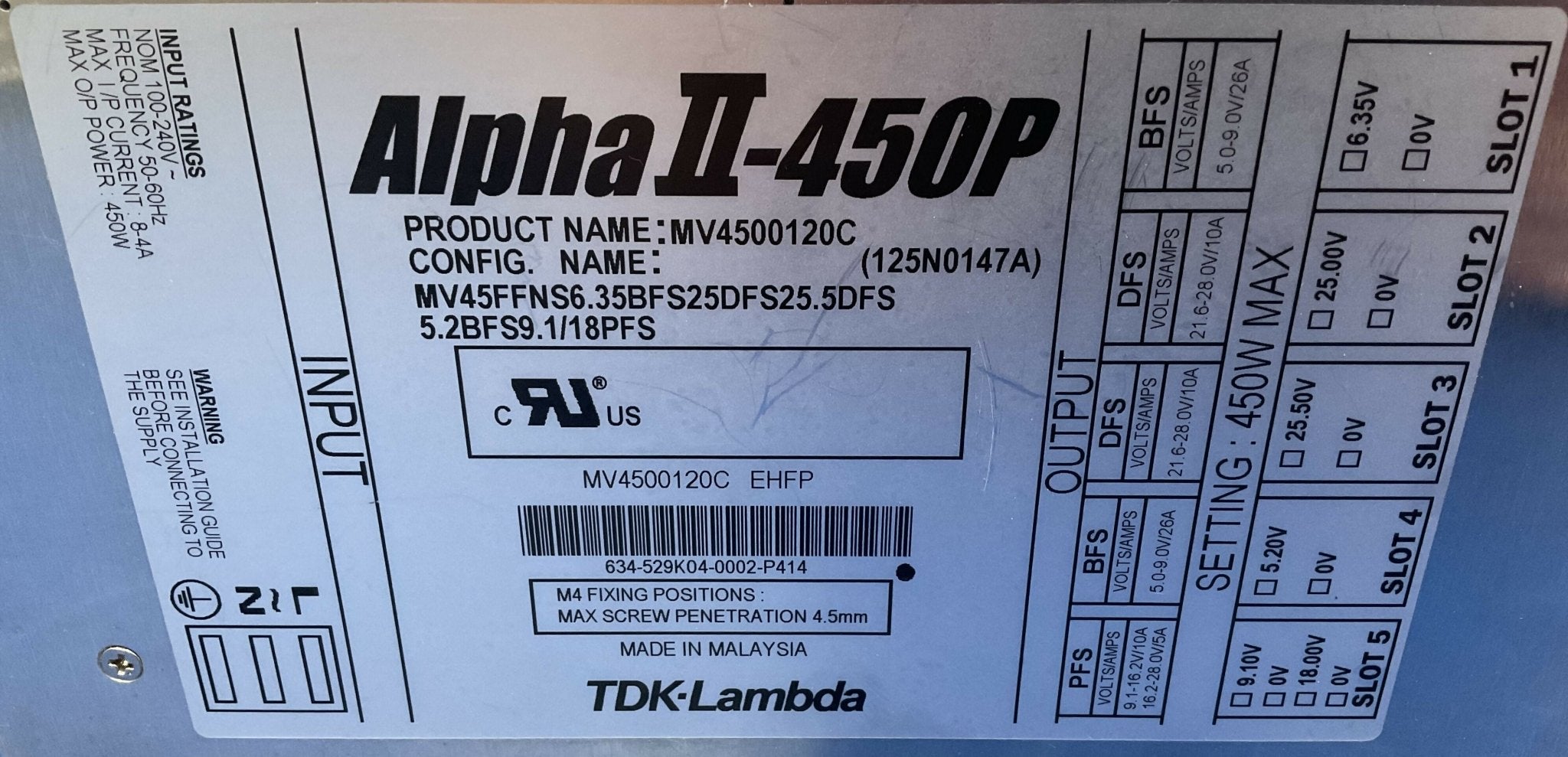 ALPHA II-450P POWER SUPPLY (MV4500120C/125N0147A TDK-LAMBDA